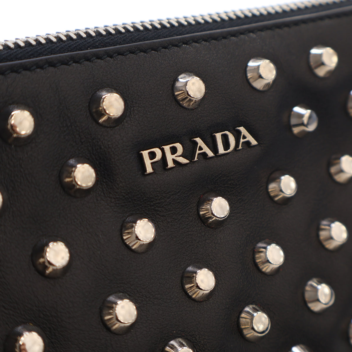 Pre-Owned Prada Clutch Calf Metal Studded Leather, silver embossed logo detail