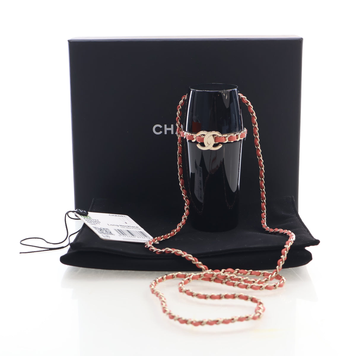 Pre-Owned Chanel Necklace Long Lipstick Holder, shown with dust bag and packaging