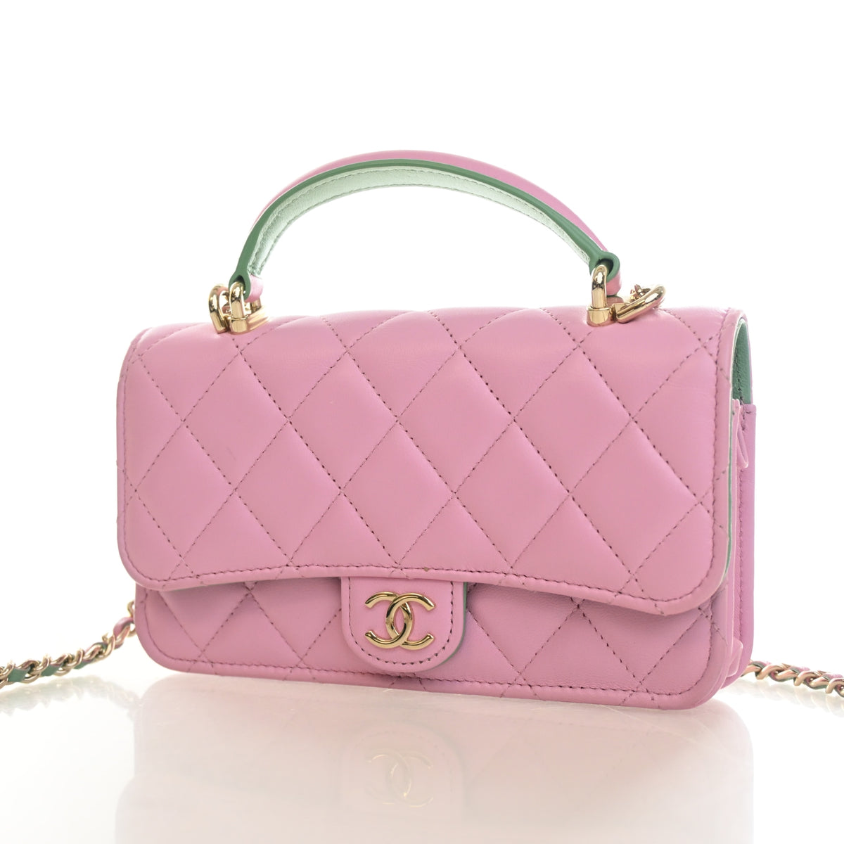 Pre-Owned Chanel Phone Holder Lambskin Top Handle With Chain, three-quarter view, photo 3 of 17
