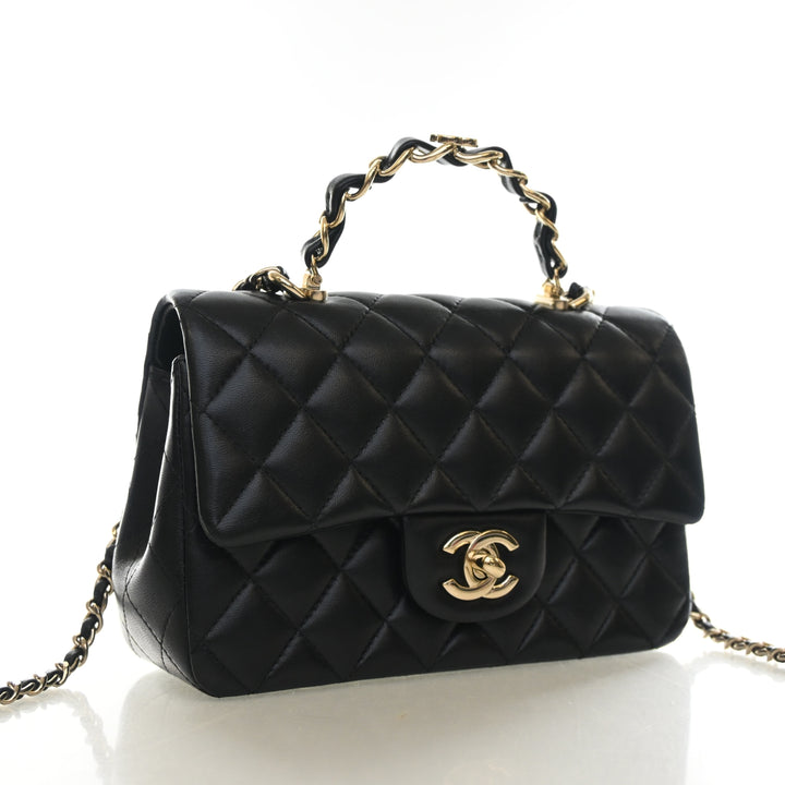 Chanel Mini Lambskin Metal Chain Top Handle Flap Bag