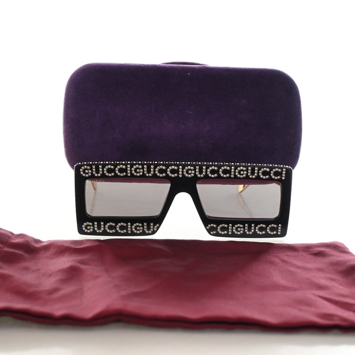 Pre-Owned Gucci Sunglasses Crystal Mask Hollywood Forever, shown with dust bag and packaging