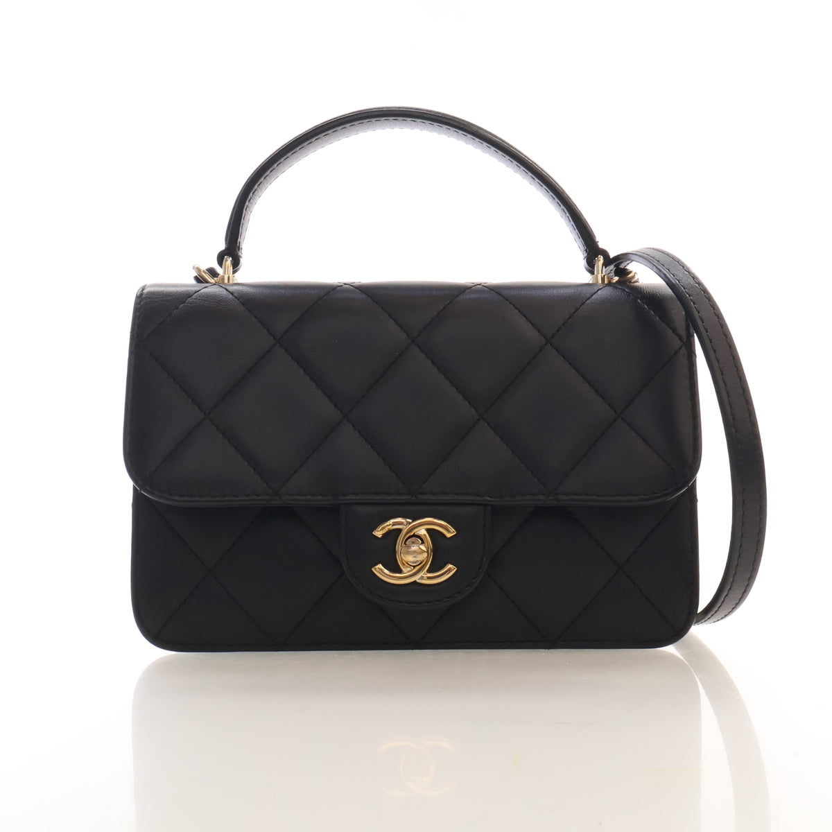 Pre-Owned Chanel Top Handle Mini Lambskin Flap Bag, front view, authenticated at Luxe Du Jour