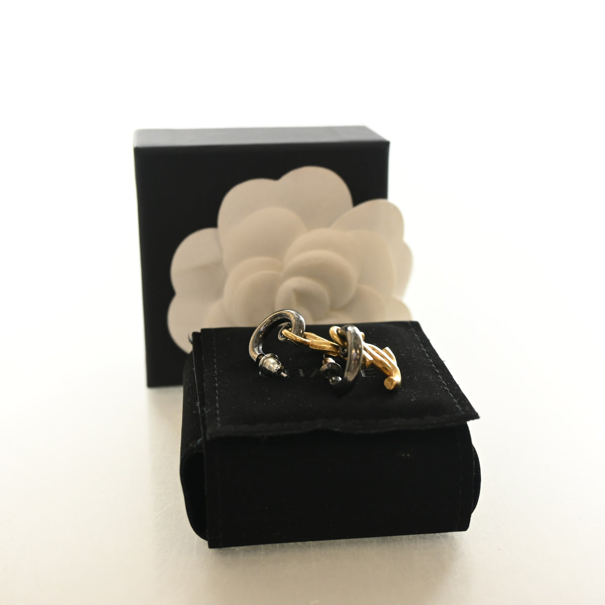 Pre-Owned Chanel Mixed Metal CC Drop Earrings, shown with dust bag and packaging