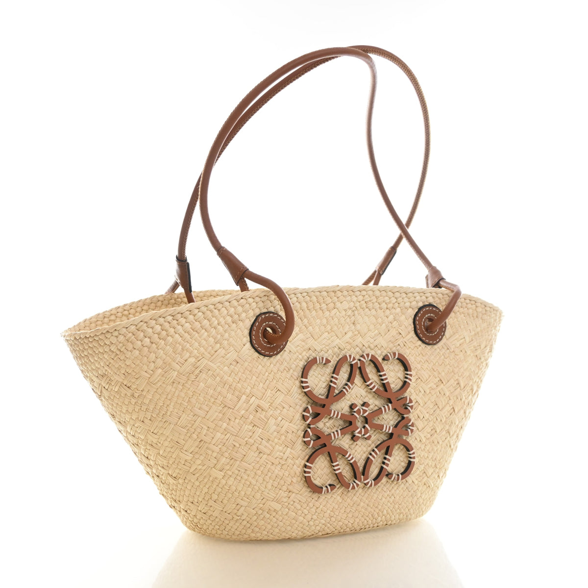 Pre-Owned Loewe Anagram Mini Raffia Basket Bag, three-quarter view, authenticated at Luxe Du Jour