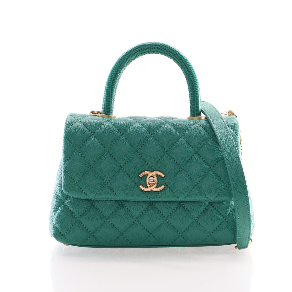 Pre-Owned Chanel Coco Handle Small Caviar Lizard Leather Bag, front view, authenticated at Luxe Du Jour