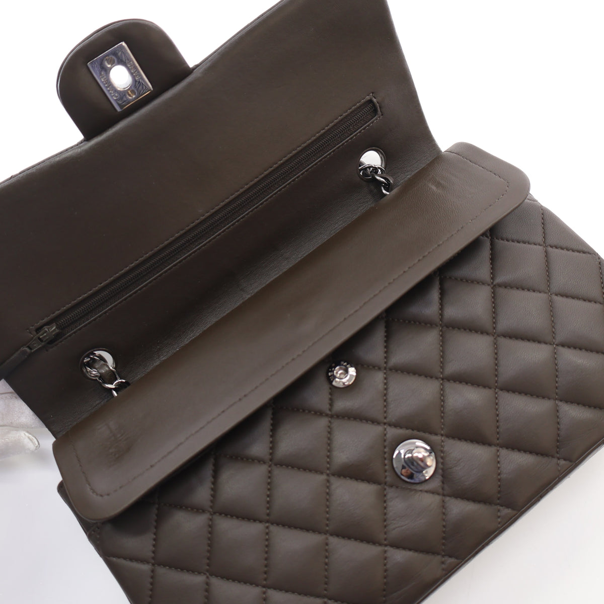 Pre-Owned Chanel Classic Double Flap Medium Lambskin Bag, open interior with lining, photo 12 of 18