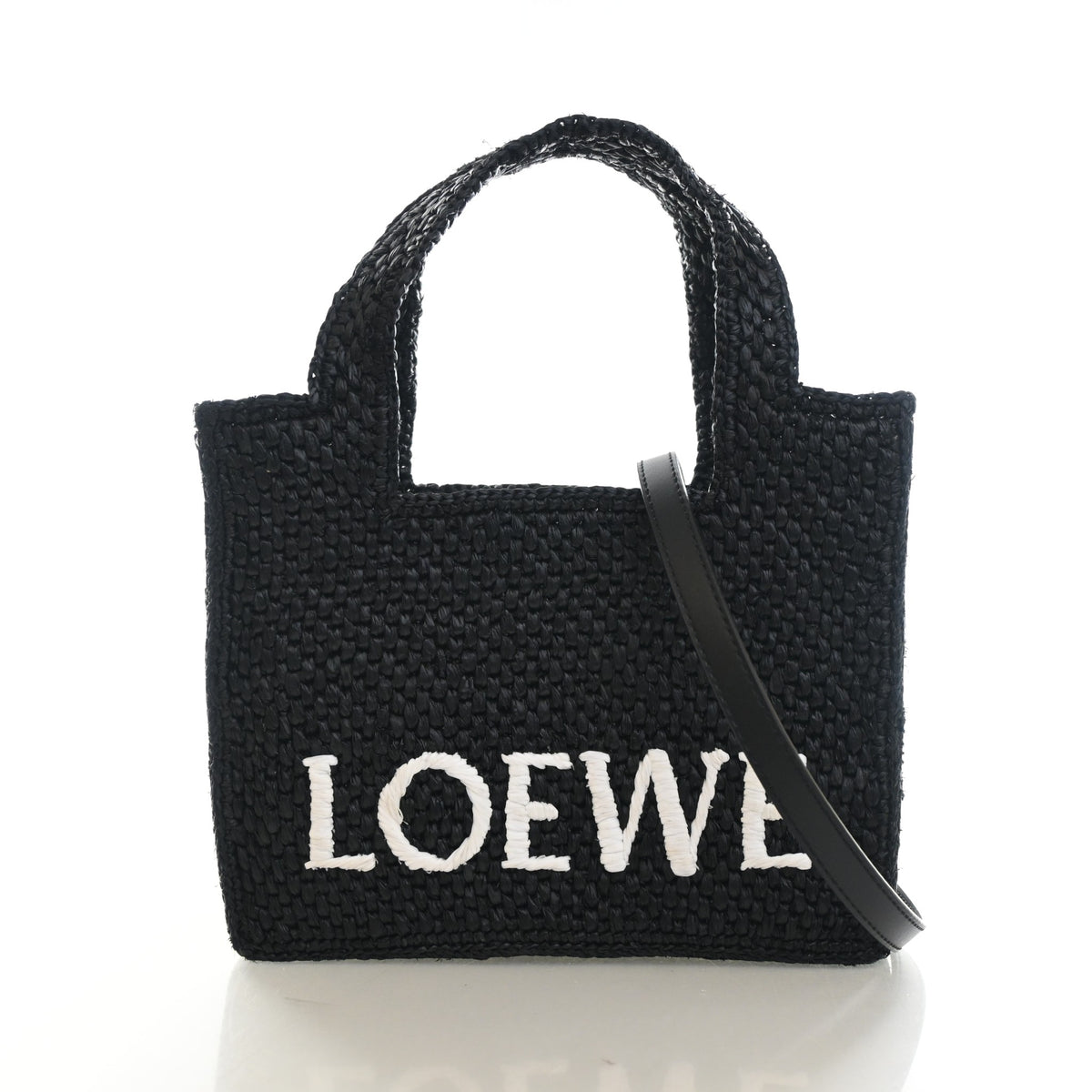 Pre-Owned Loewe Tote Mini X Paula's Ibiza Raffia Font, front view, authenticated at Luxe Du Jour