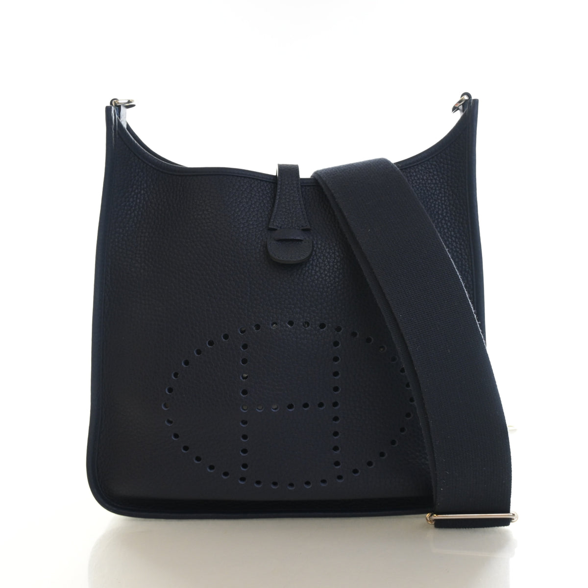 Pre-Owned Hermès Evelyne PM Bleu Nuit Clemence Leather III, front view, authenticated at Luxe Du Jour