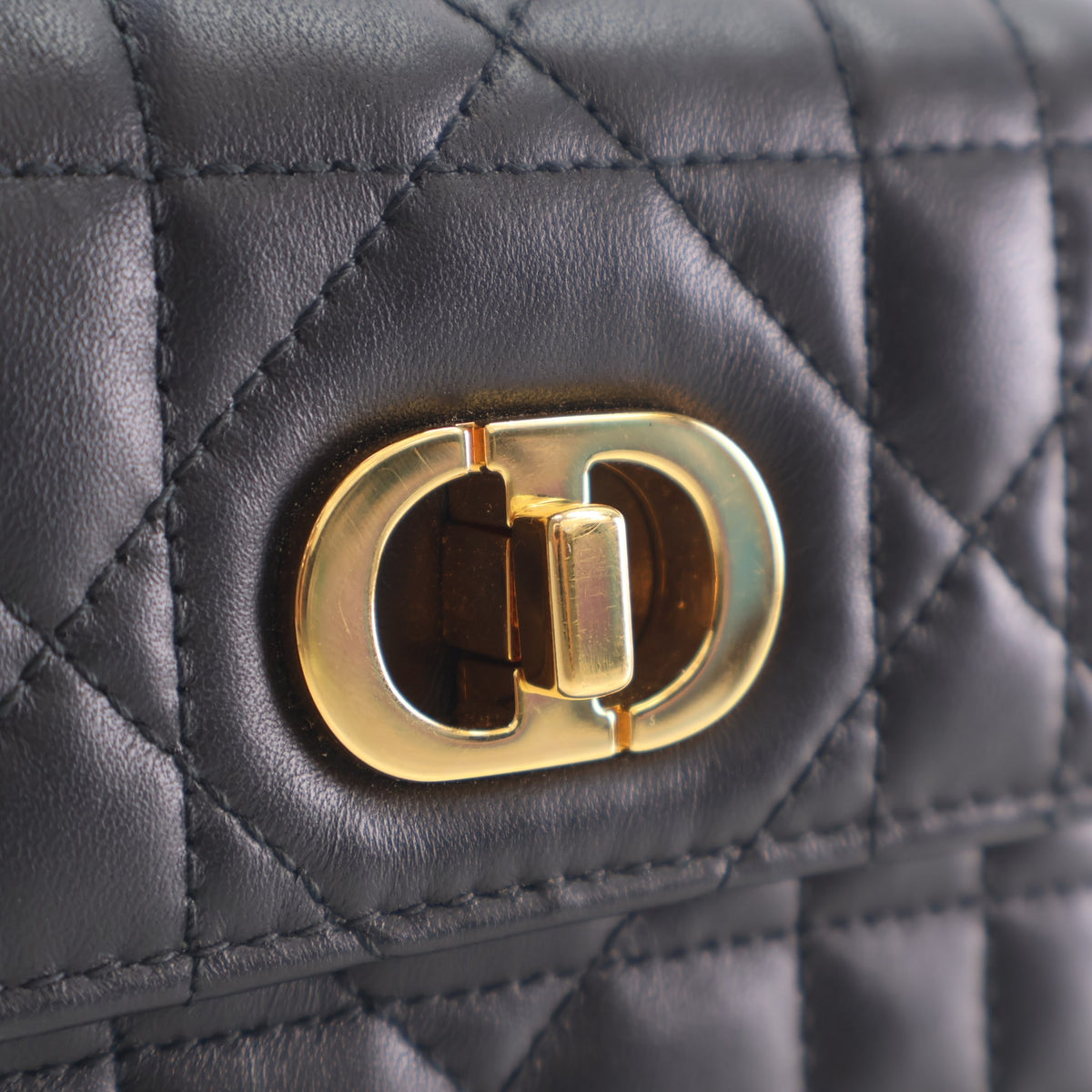Pre-Owned Christian Dior Flap Bag Micro Calfskin Miss Dior, gold hardware close-up