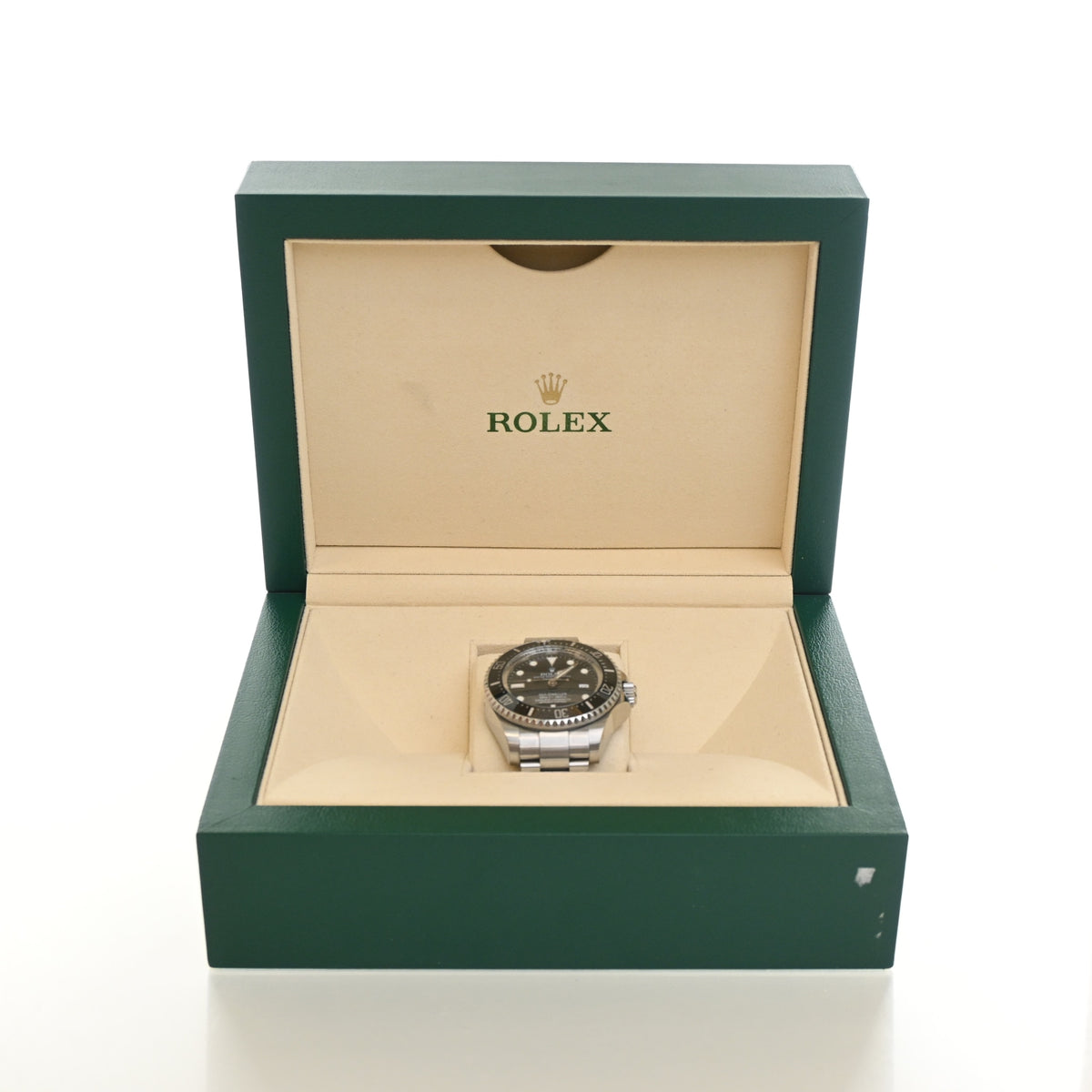 Pre-Owned Rolex 44 Oyster Sea Dweller Deepsea, shown with dust bag and packaging, authenticated at Luxe Du Jour