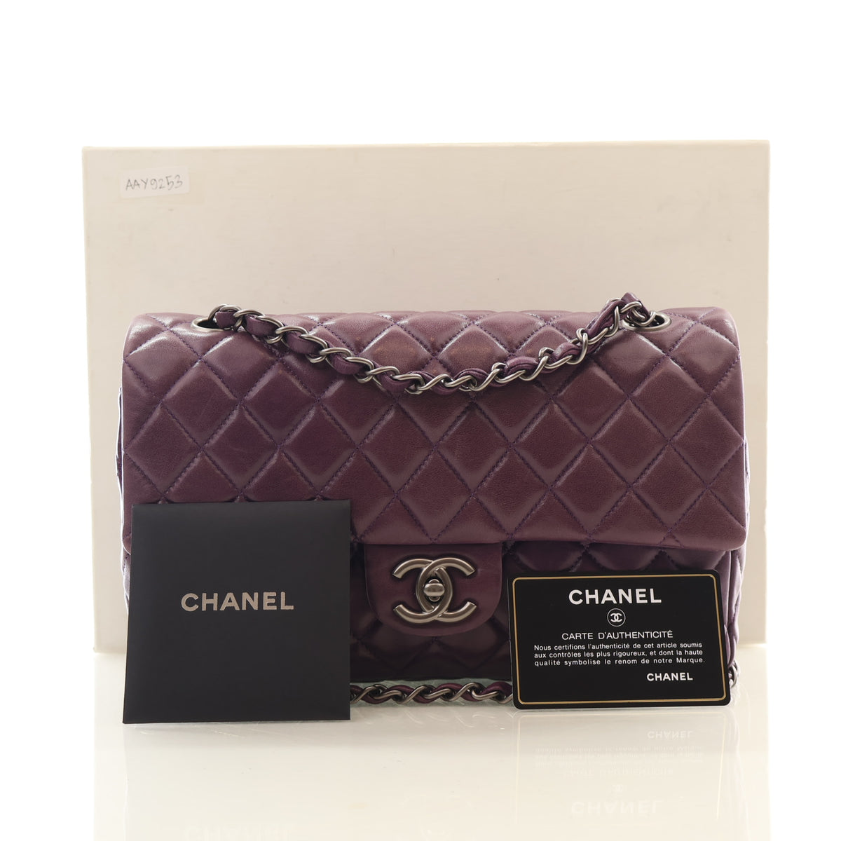 Pre-Owned Chanel Classic Double Flap Small Lambskin Bag, shown with dust bag and packaging