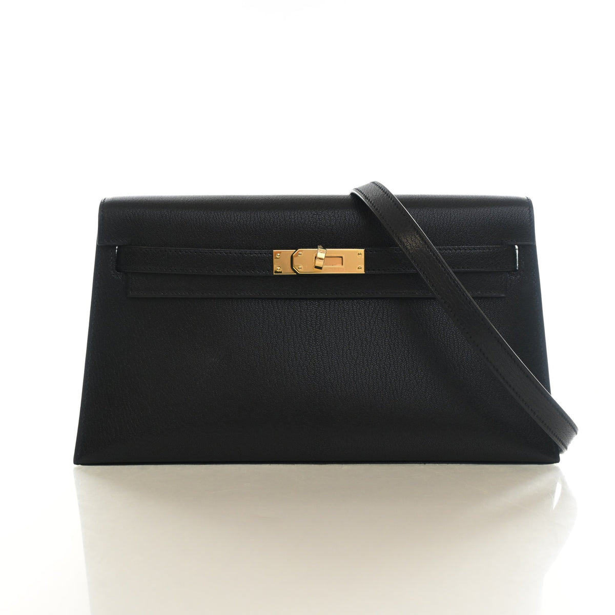 Pre-Owned Hermès Kelly 28 Noir Chevre Leather Chamkila Elan, front view, authenticated at Luxe Du Jour