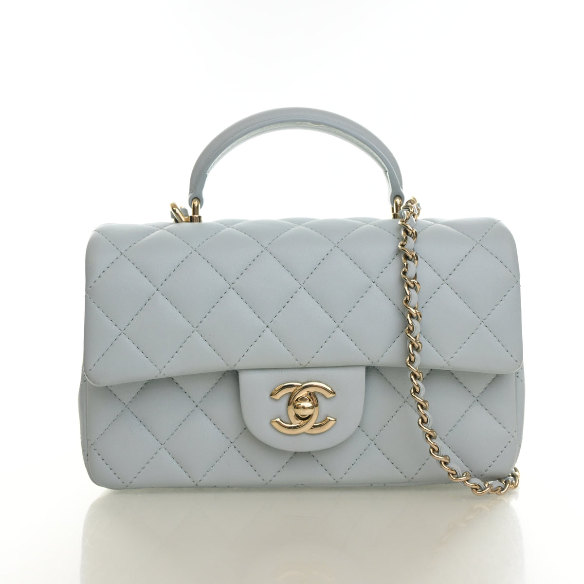 Pre-Owned Chanel Classic Flap Mini Lambskin Rectangular Top Handle Bag, front view, authenticated at Luxe Du Jour