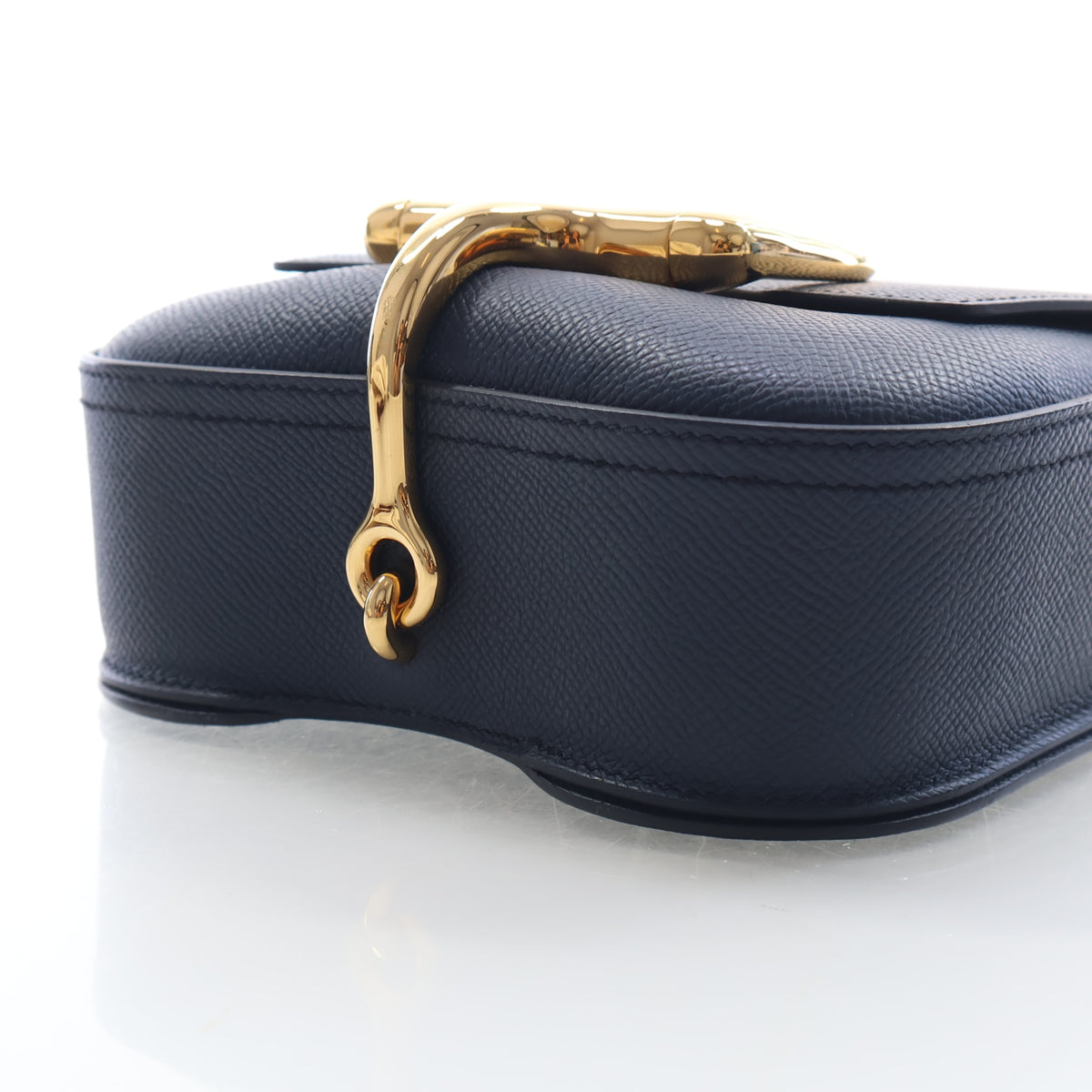 Pre-Owned Hermès Mini Bleu Indigo Epsom Leather Della Cavalleria, gold hardware close-up