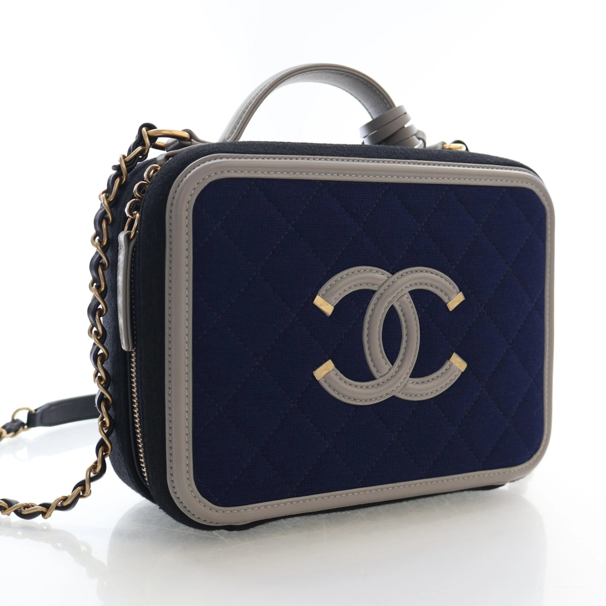 Pre-Owned Chanel Vanity Case Medium Filigree, three-quarter view, authenticated at Luxe Du Jour