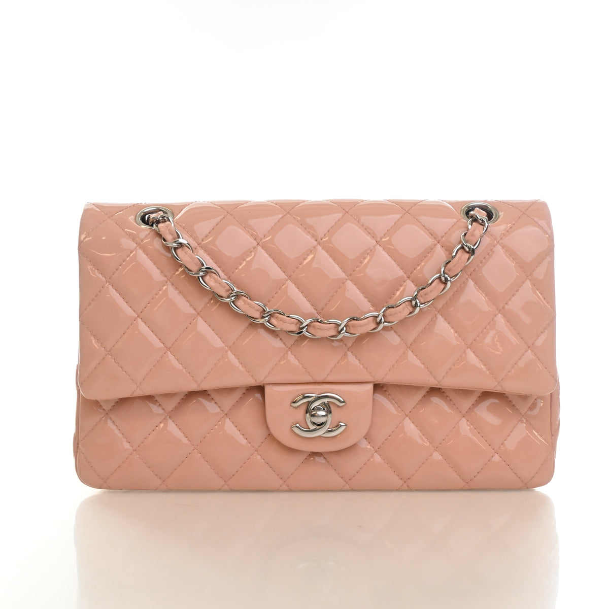 Pre-Owned Chanel Classic Double Flap Medium Patent Leather Bag, front view, authenticated at Luxe Du Jour