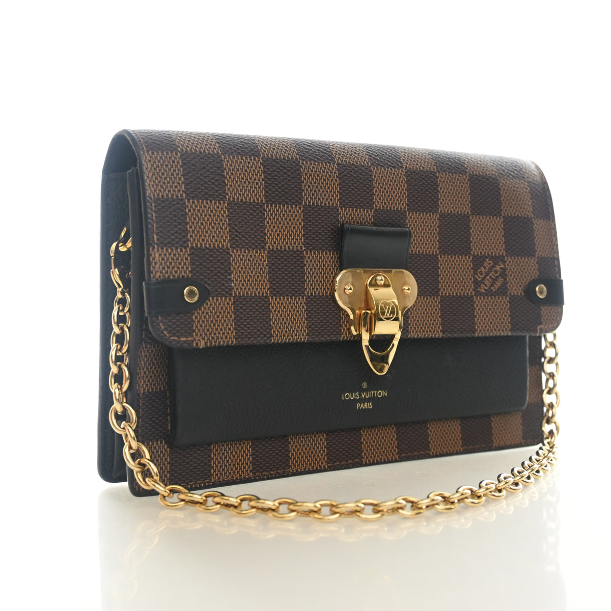 Pre-Owned Louis Vuitton Chain Wallet Damier Ebene Vavin, three-quarter view, authenticated at Luxe Du Jour