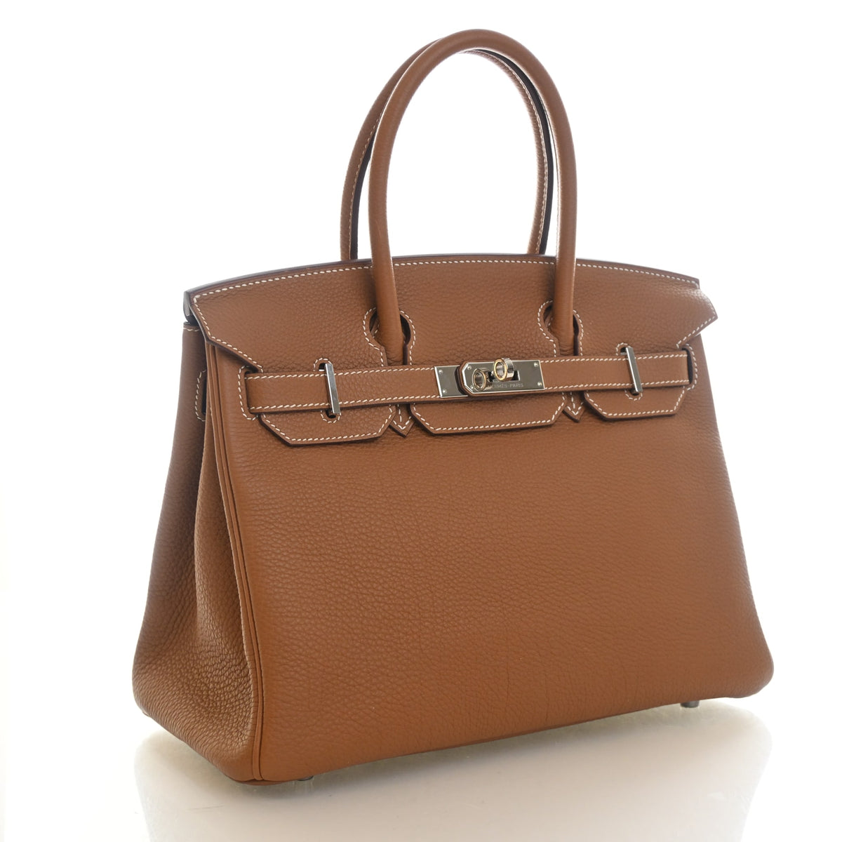 Pre-Owned Hermès Birkin 30 Gold Togo Leather, three-quarter view, authenticated at Luxe Du Jour
