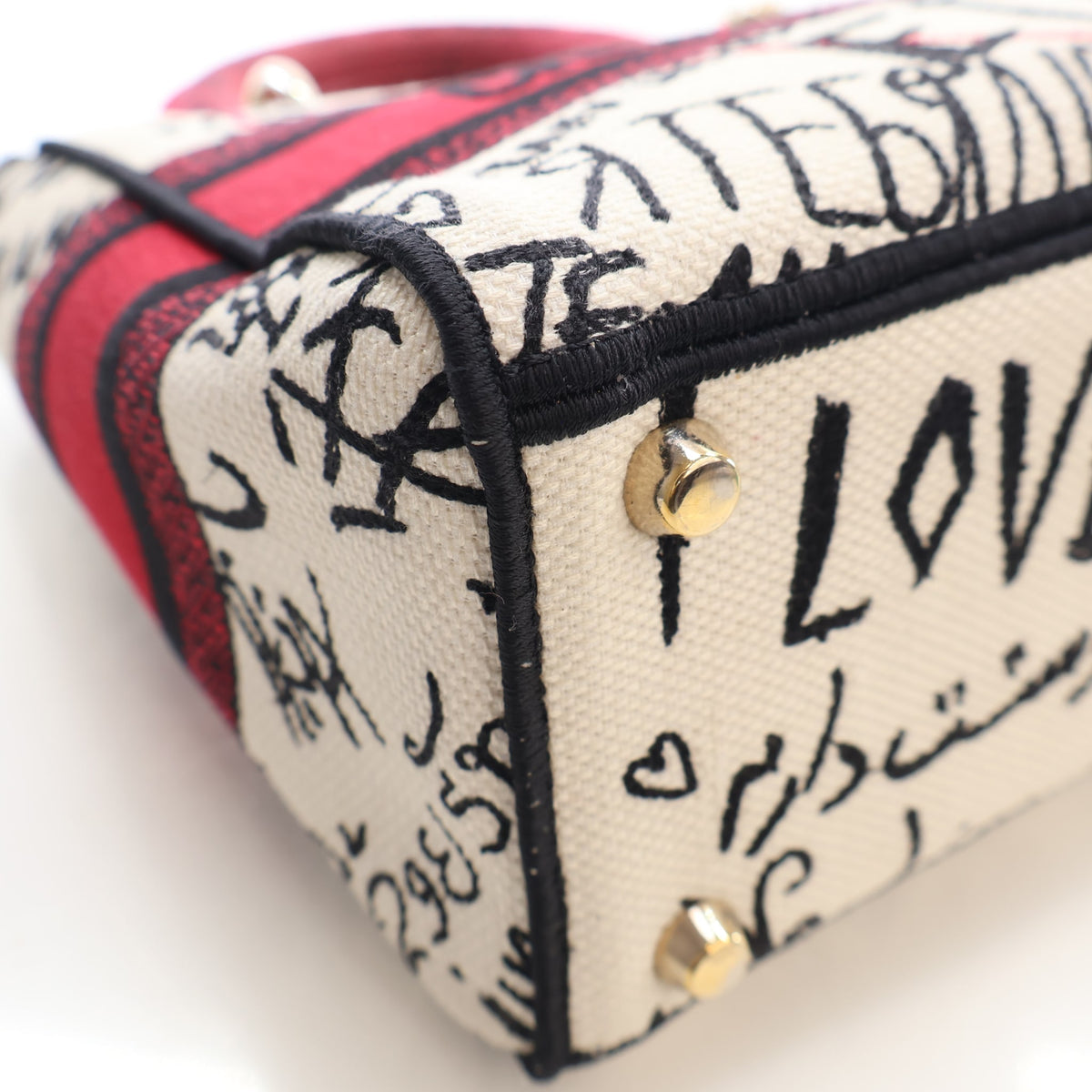 Pre-Owned Christian Dior Medium Embroidered Canvas Dioramour Lady D-lite, corner and edge detail