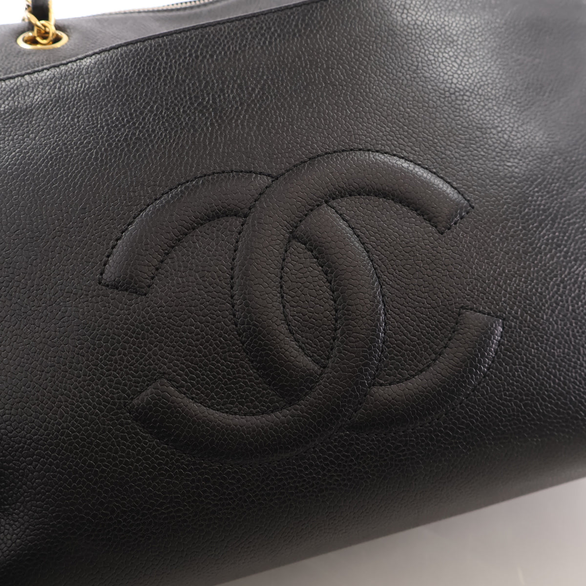 Vintage Chanel Caviar Leather Bowling Bag, gold embossed logo detail
