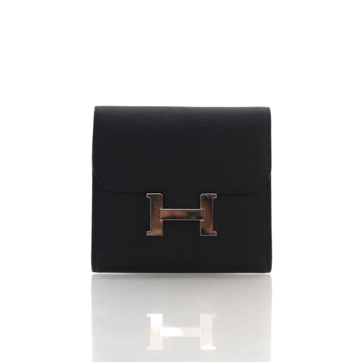 Pre-Owned Hermès Constance Noir Epsom Leather Slim Wallet, front view, authenticated at Luxe Du Jour