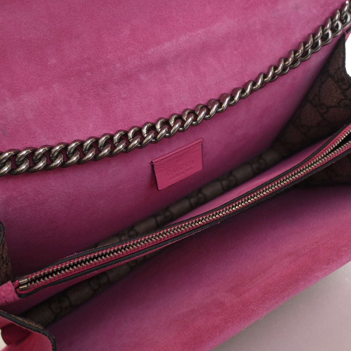 Pre-Owned Gucci Shoulder Bag Small GG Supreme Dionysus, open interior with lining