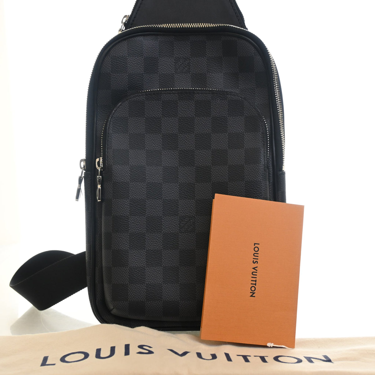 Pre-Owned Louis Vuitton PM Damier Graphite Avenue Sling Bag, shown with dust bag and packaging
