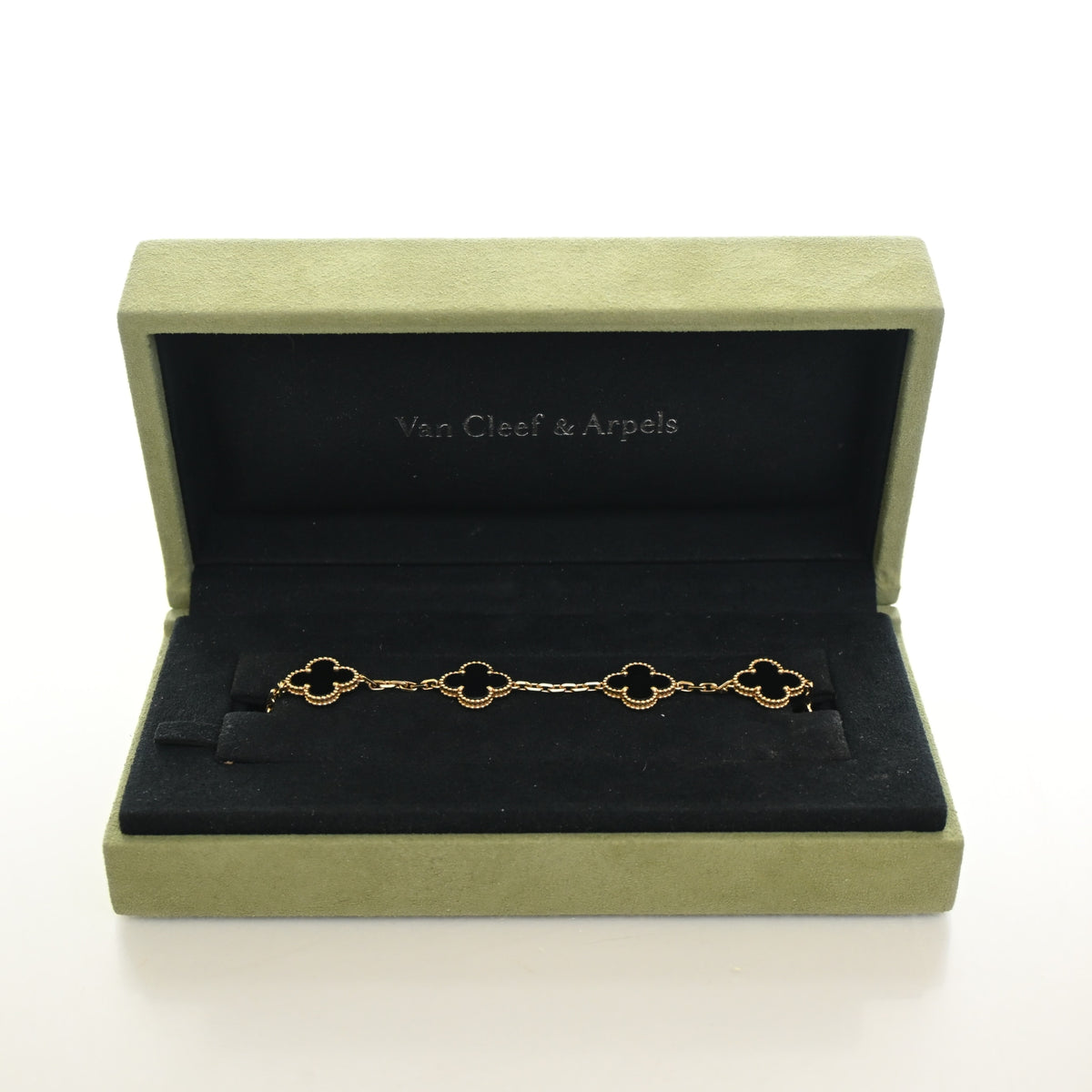 Vintage Van Cleef & Arpels Alhambra Onyx 5 Motif Bracelet, front view, authenticated at Luxe Du Jour