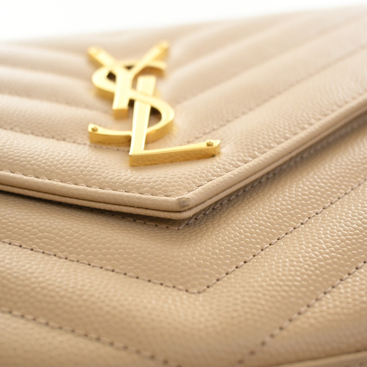 Pre-Owned Saint Laurent Chain Wallet Calfskin Cassandre Envelope, gold hardware close-up