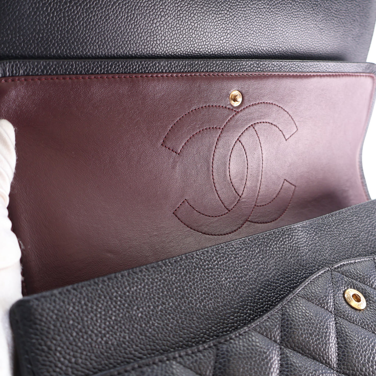 Pre-Owned Chanel Classic Double Flap Maxi Caviar Leather Bag, open interior, photo 14 of 17