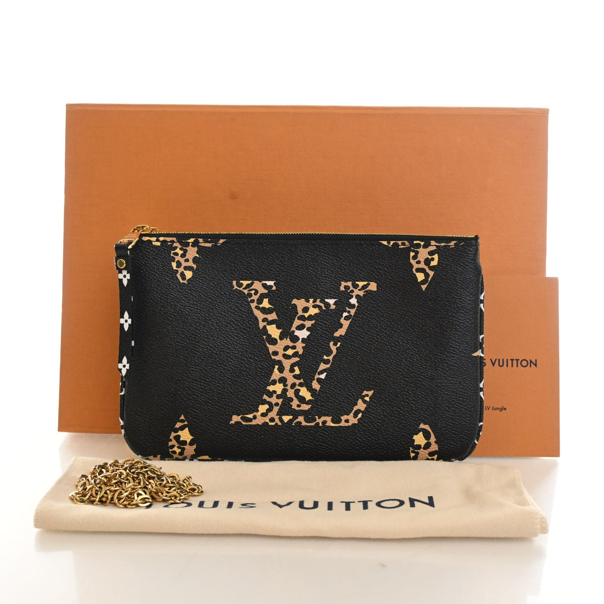 Pre-Owned Louis Vuitton Pochette Monogram Jungle Double Zip, shown with dust bag and packaging