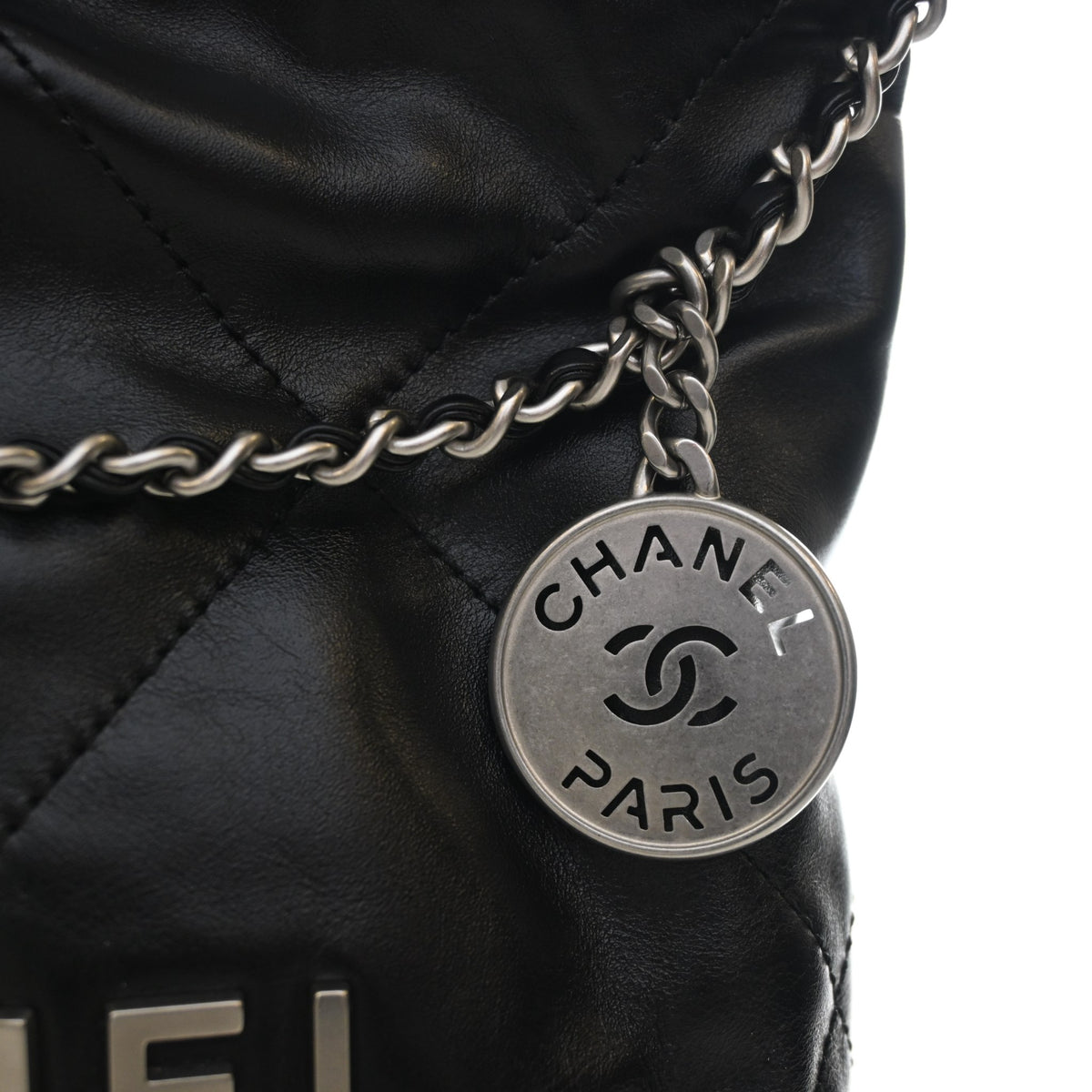 Pre-Owned Chanel Mini Shiny Calfskin 22, silver hardware close-up