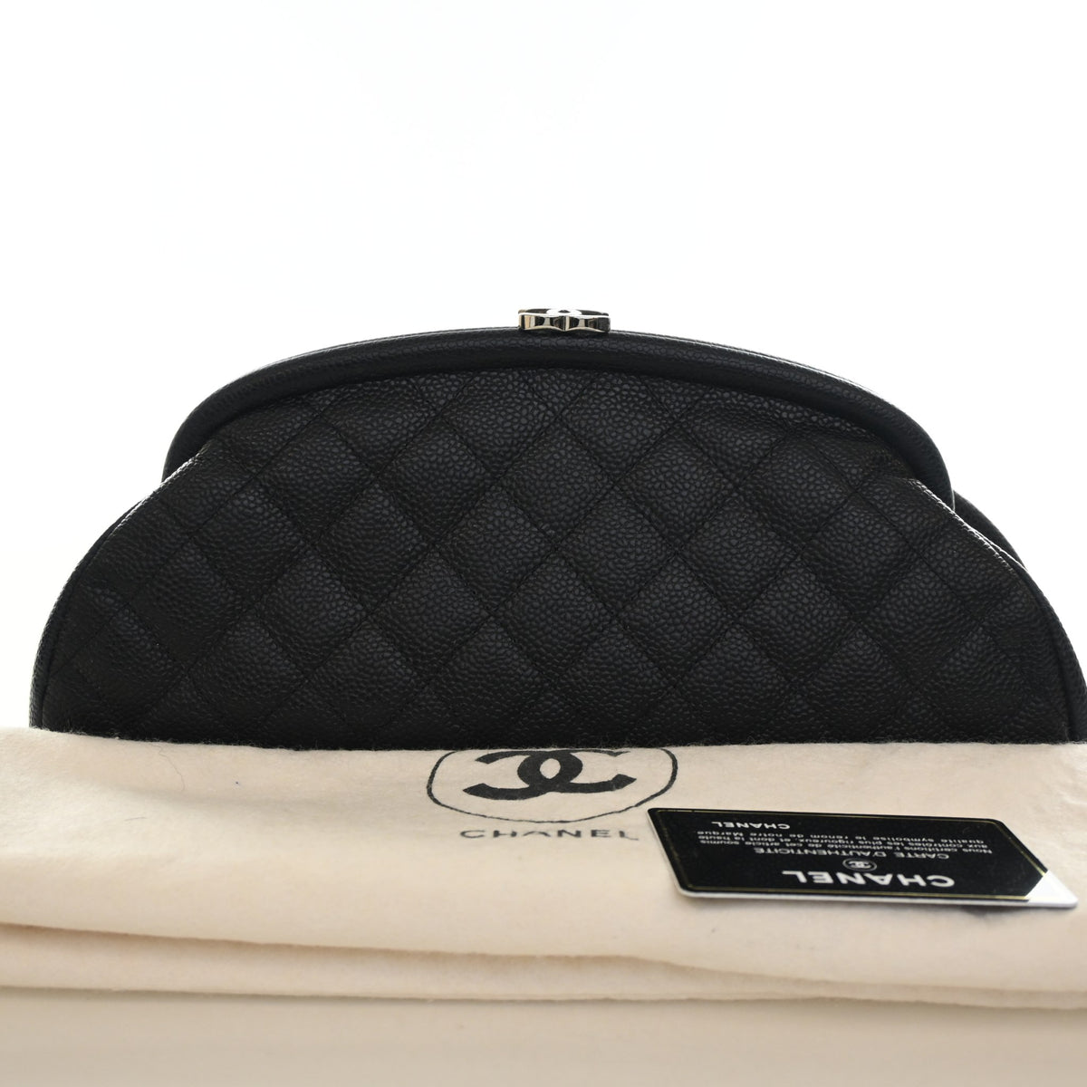 Pre-Owned Chanel Clutch Caviar Leather Timeless, shown with dust bag and packaging
