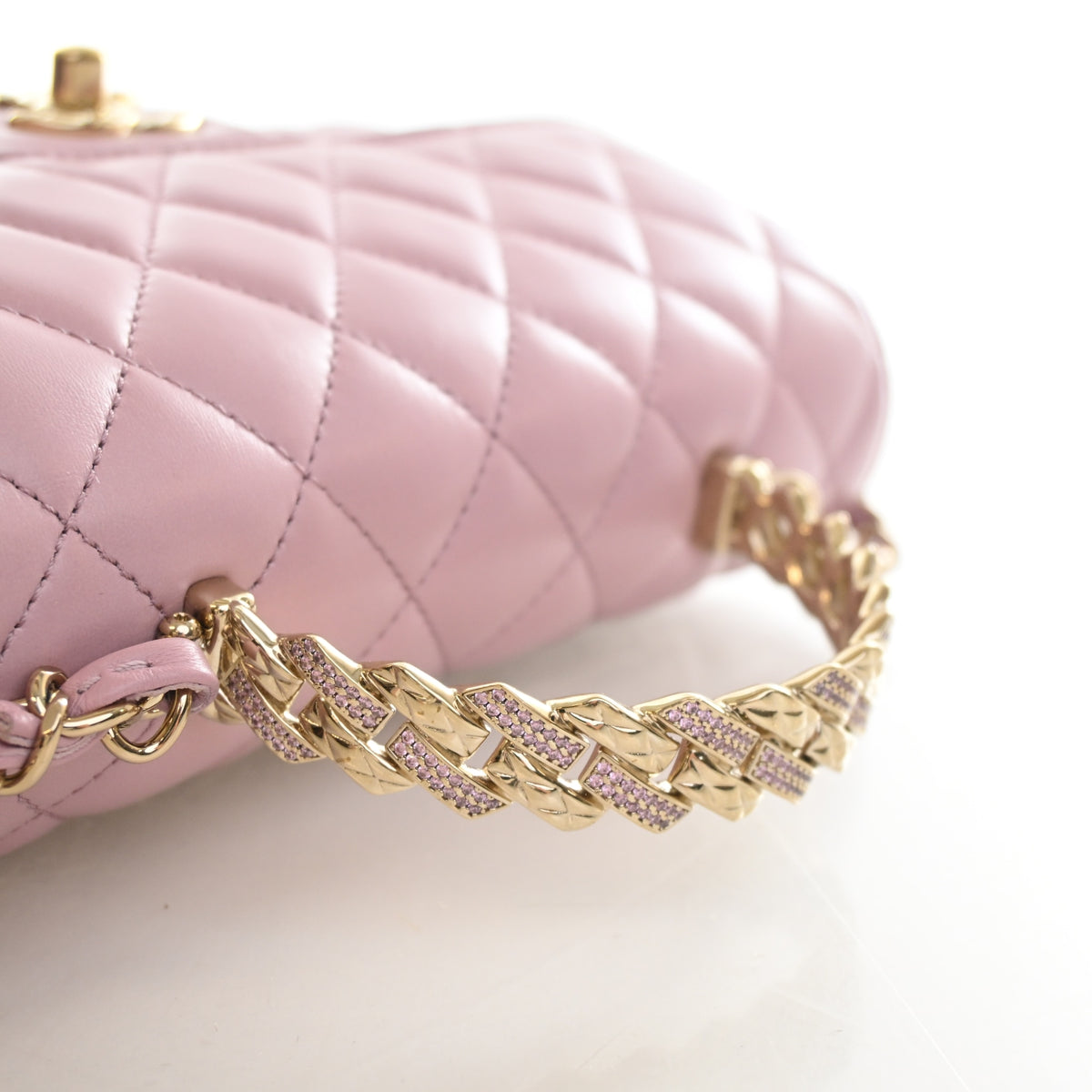 Pre-Owned Chanel Top Handle Mini Lambskin Rectangular Flap Bag, strap detail