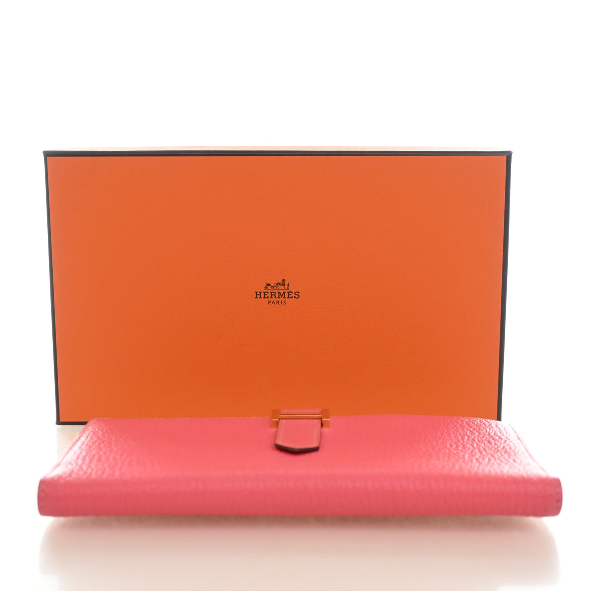 Pre-Owned Hermès Wallet Rose Lipstick Chevre Mysore Leather Bearn, shown with dust bag and packaging