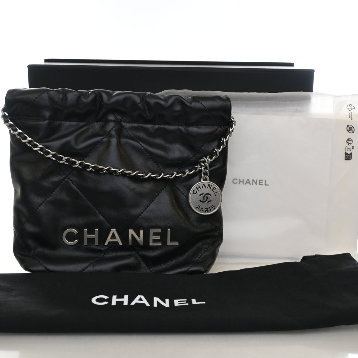 Pre-Owned Chanel Mini Shiny Calfskin 22, shown with dust bag and packaging