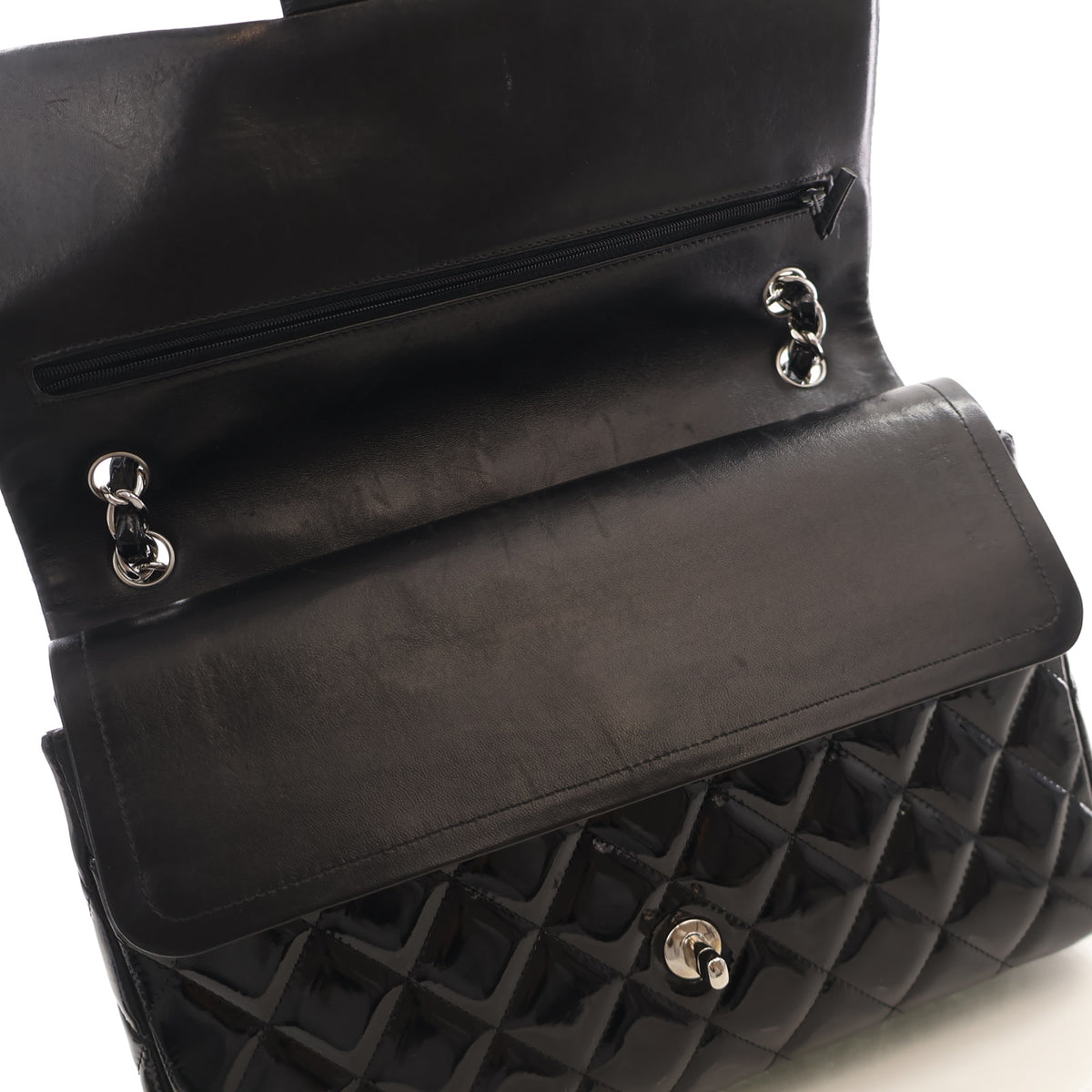 Pre-Owned Chanel Classic Double Flap Jumbo Patent Leather Bag, open interior