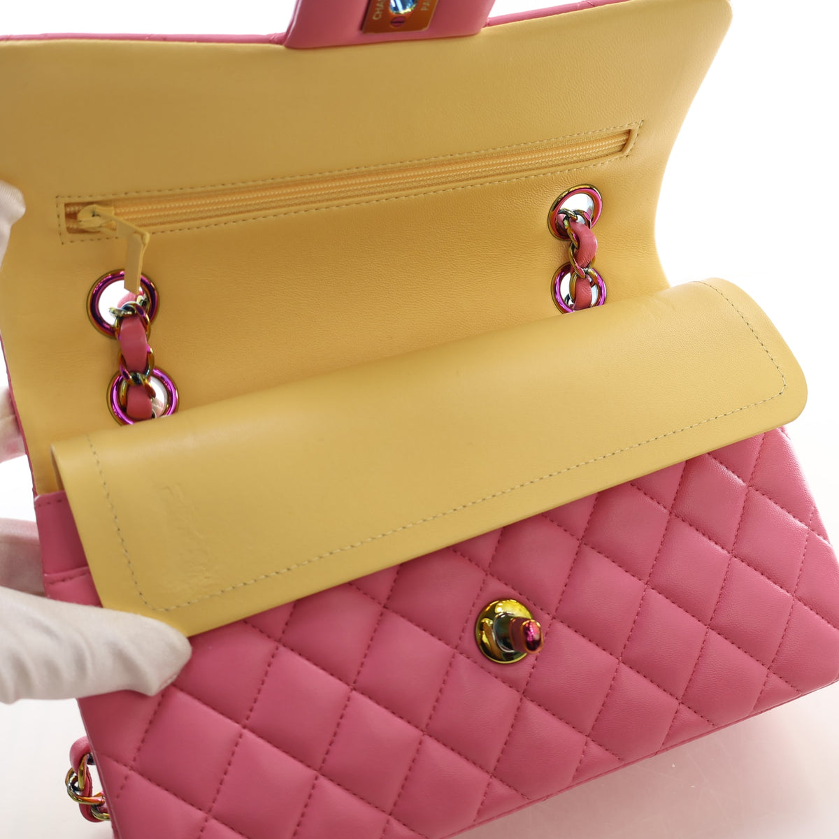 Pre-Owned Chanel Classic Double Flap Small Lambskin Bag, open interior with lining, photo 15 of 19