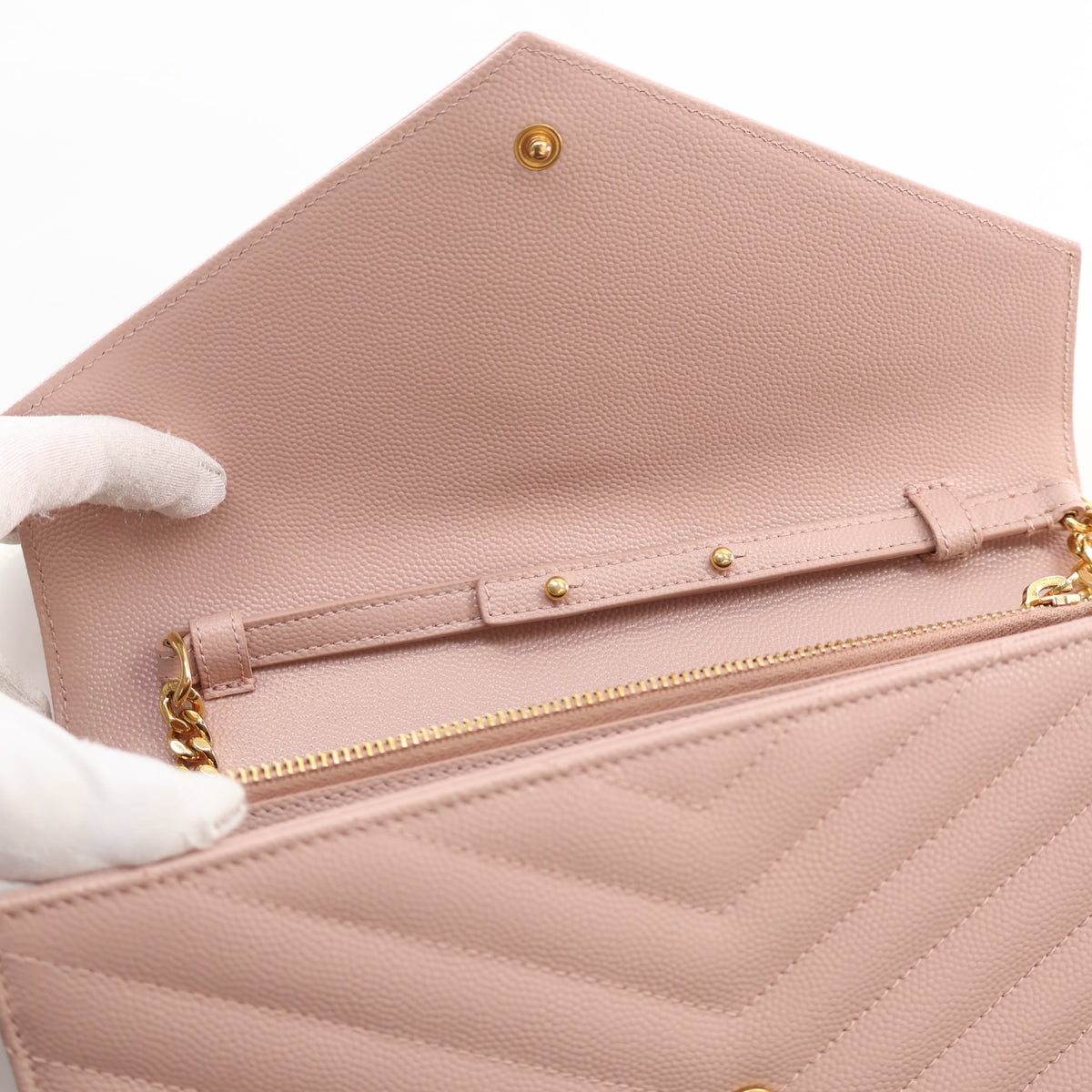 Pre-Owned Saint Laurent Chain Wallet Calfskin Cassandre Envelope, open interior