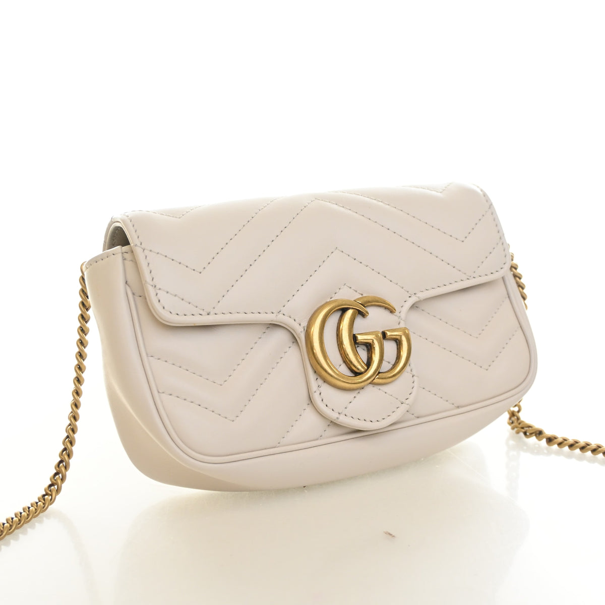 Pre-Owned Gucci Flap Bag Mini Super Calfskin Marmont, three-quarter view, authenticated at Luxe Du Jour