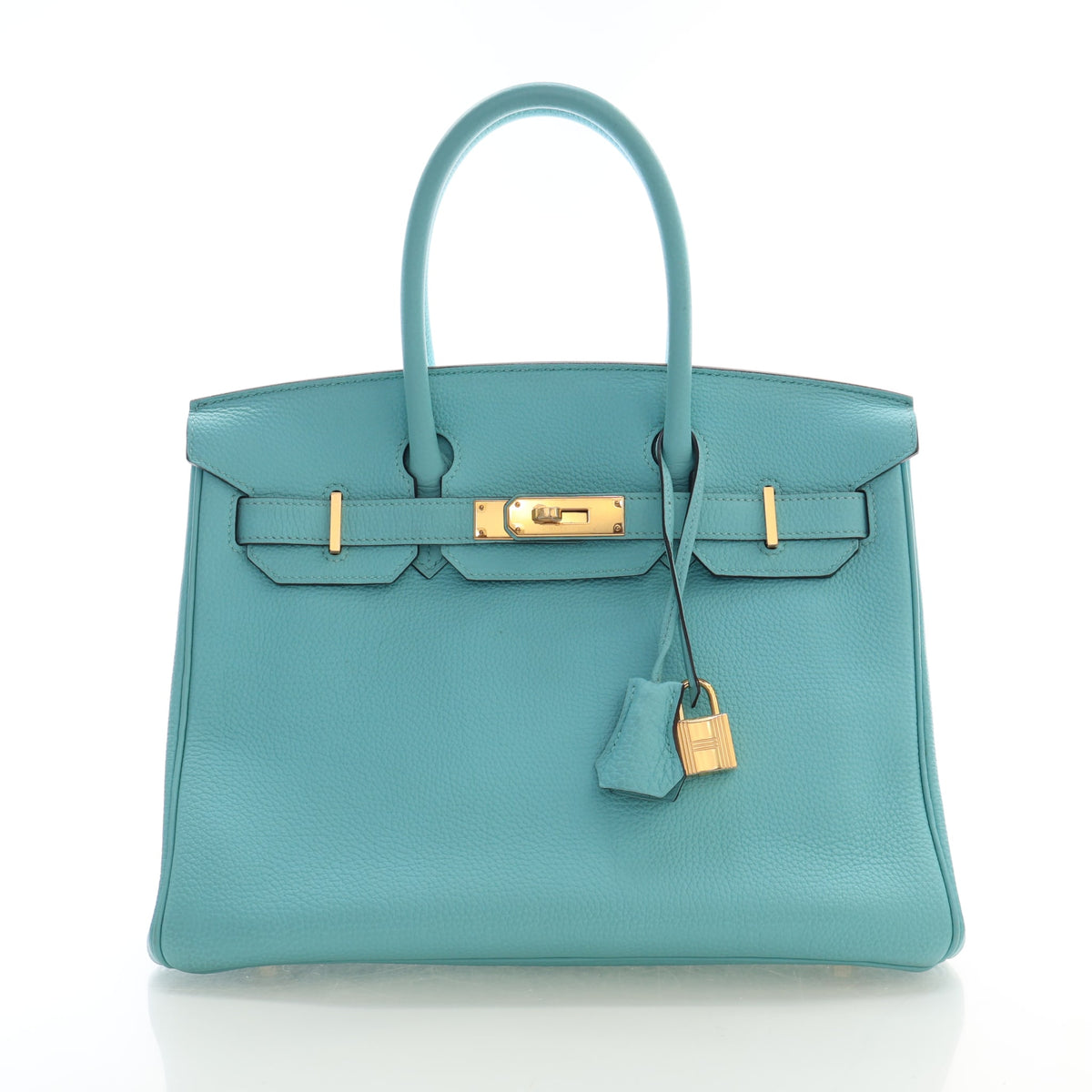Pre-Owned Hermès Birkin 30 Bleu Atoll Togo Leather, front view, authenticated at Luxe Du Jour