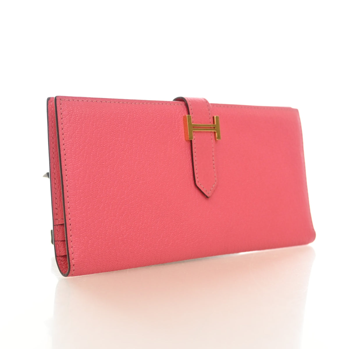 Pre-Owned Hermès Wallet Rose Lipstick Chevre Mysore Leather Bearn, three-quarter view, authenticated at Luxe Du Jour