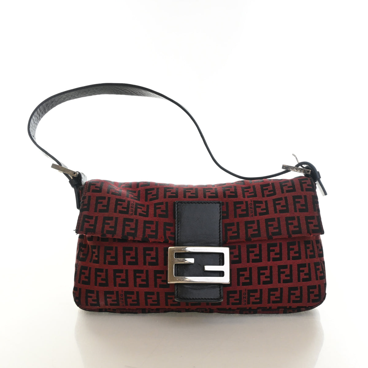 Pre-Owned Fendi Baguette Zucchino FF, front view, authenticated at Luxe Du Jour