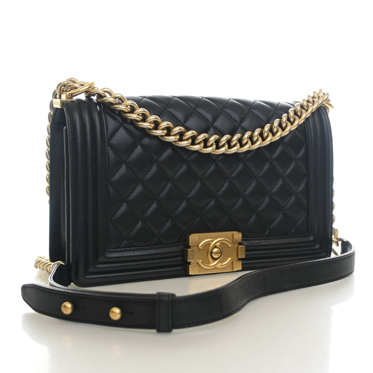 Pre-Owned Chanel Boy Bag Medium Lambskin, three-quarter view