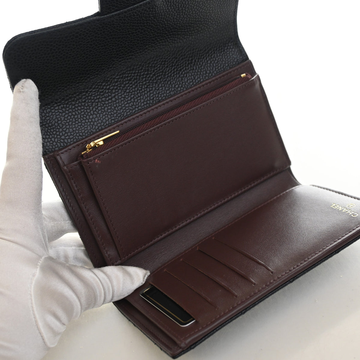 Pre-Owned Chanel Classic Flap Medium Caviar Leather Wallet, open interior with lining