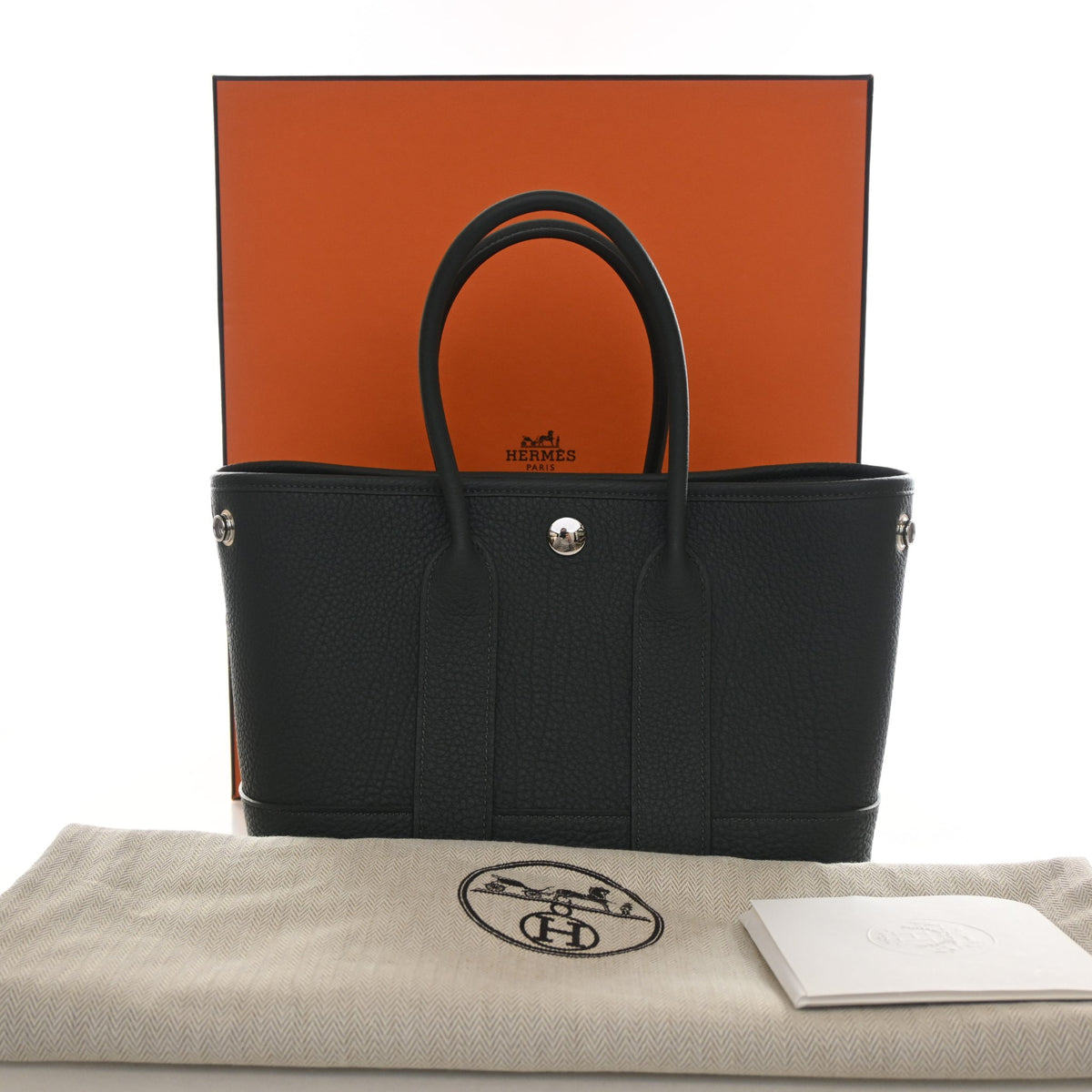 Pre-Owned Hermès Mini Vert Mangrove Negonda Garden Party Neo 23, shown with dust bag and packaging
