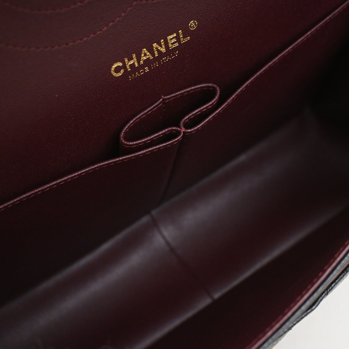 Pre-Owned Chanel Classic Double Flap Jumbo Caviar Leather Bag, open interior with lining, photo 12 of 14
