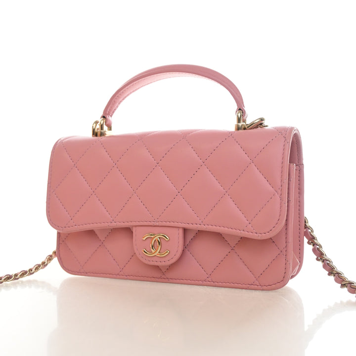 Chanel Lambskin Top Handle Phone Holder With Chain