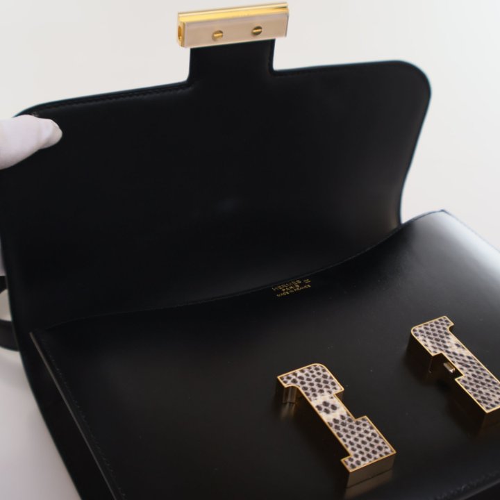 Pre-Owned Hermès Constance 24 Black Box Touch, open interior with lining