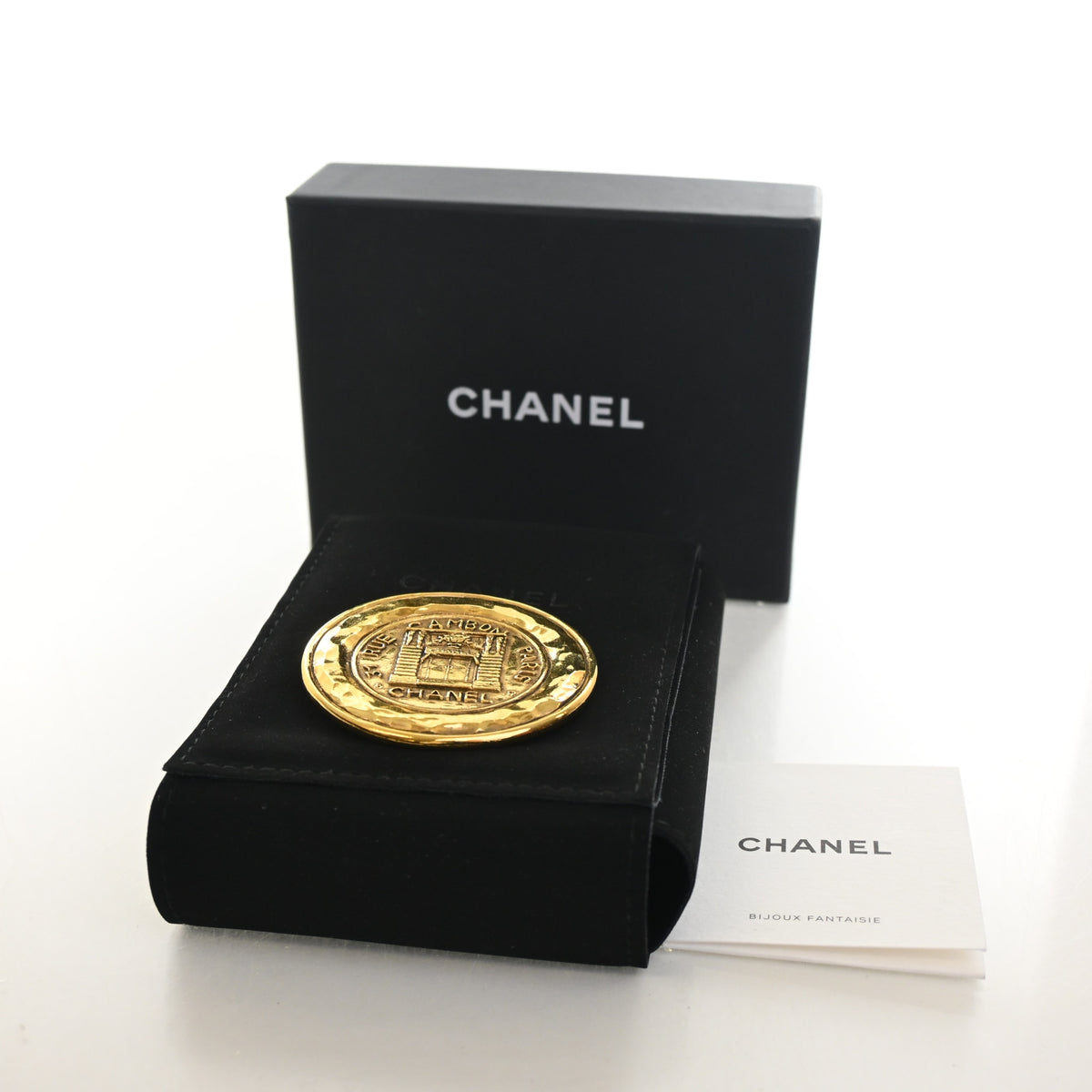 Vintage Chanel Brooch 31 Rue Cambon Medallion, with included accessories